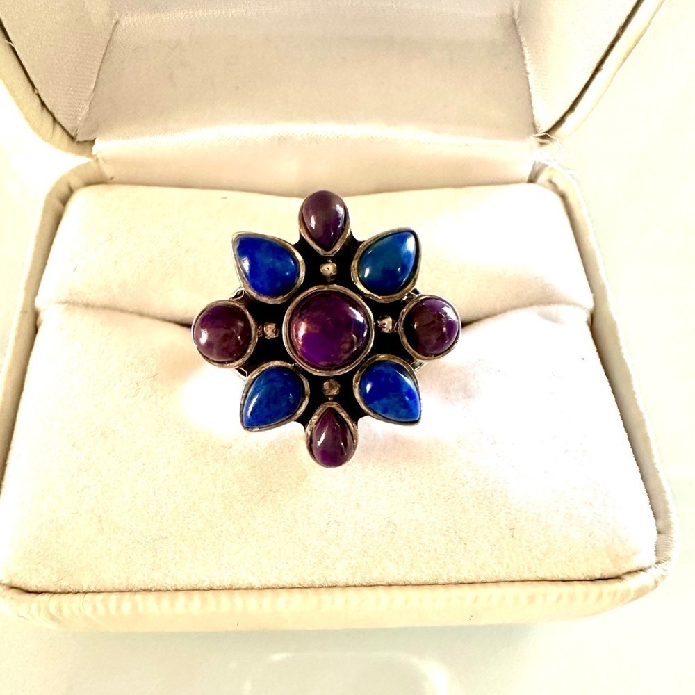 Native American Style 925 Sterling Silver Lapis & Purple Turquoise Cluster Ring - Picture 4 of 6